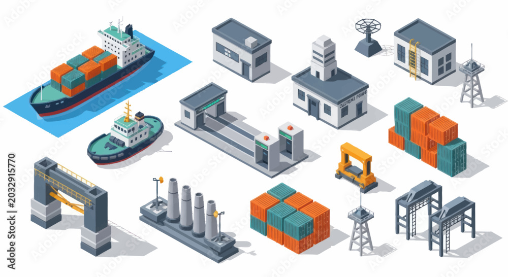 Fototapeta premium Isometric Illustration of Various Buildings and Transportation Elements.