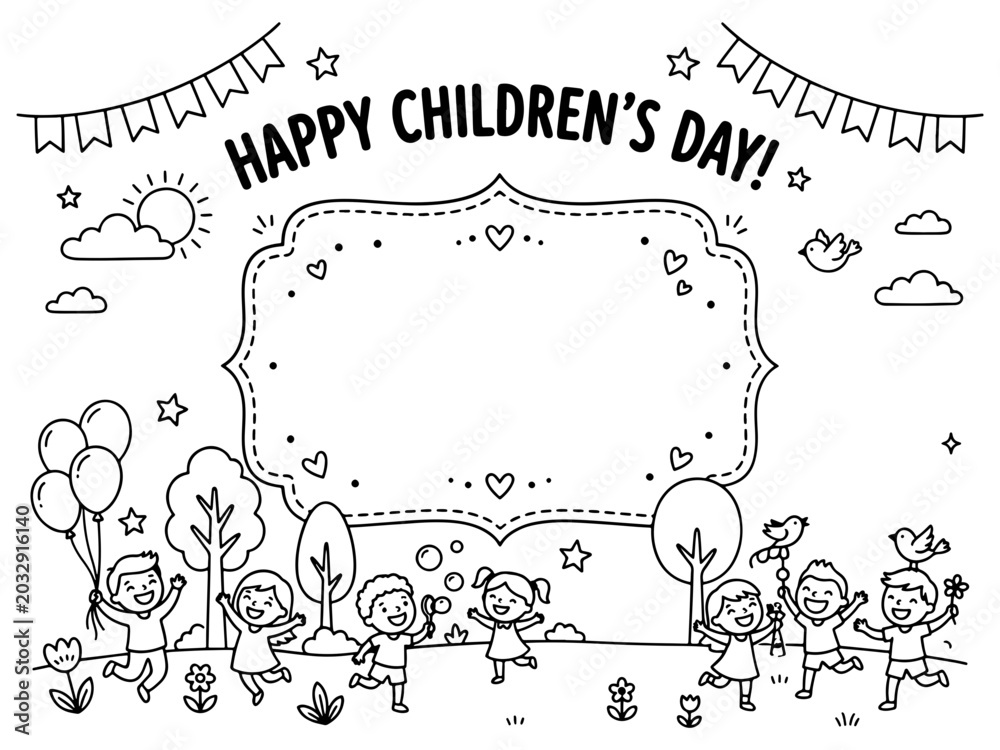 Obraz premium A fun black and white coloring book illustration for Happy Children's Day featuring happy kids playing outdoors with a blank frame for personalized messages.