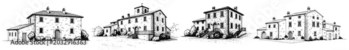 Konstfotografi Tuscan stone villas and rustic country houses hand drawn architectural sketch st