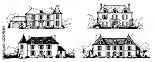 Photos French country manors and historic chateau estates hand drawn architectural sket