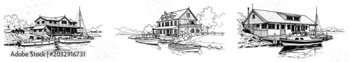Foto lakeside boathouses set with yachts and motorboats moored at dock in hand drawn