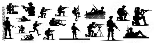 Tableau sur toile Military soldiers silhouettes in various combat and tactical poses set black and