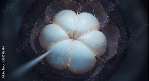 Macro close-up of a fresh mangosteen cut open, revealing juicy white flesh against a dark purple rind. Exotic tropical fruit perfect for health, nutrition, and wellness concepts.