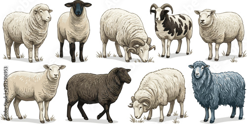 Bild auf Leinwand Generate a realistic kinds of deferent Sheep vector art silhouette with white background