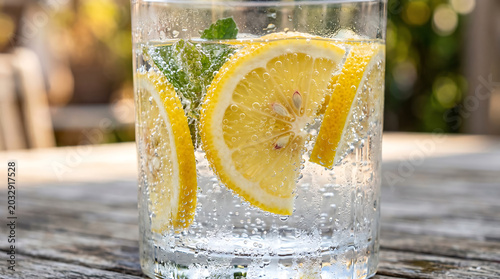 Crystal clear refreshing beverage with lemon slices and mint, perfect for a summer day outdoor relaxation