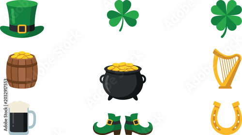 Photos Saint Patricks Day Icon Set with Leprechaun Hat, Pot of Gold, Shamrock Clover, H