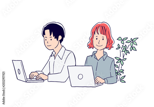 パソコン作業をする男性女性