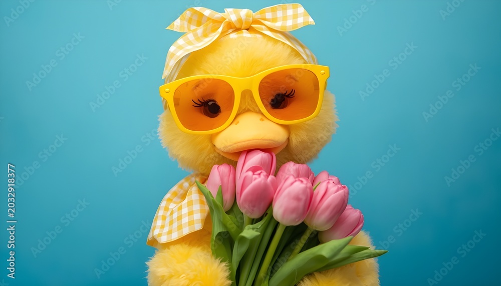 Fototapeta premium cute yellow duck holding flower with sunglasses