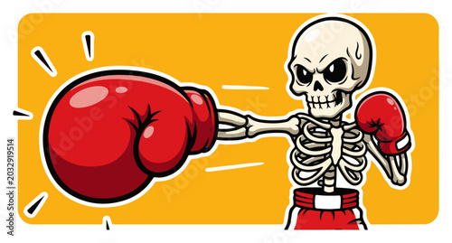 Tableau sur toile Skeleton boxer character punching with an exaggerated giant red glove in cartoon