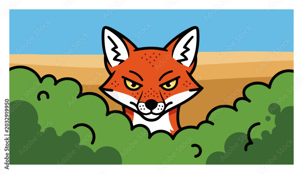 Fototapeta premium Red fox peeking over green bushes under blue sky in cartoon mascot style