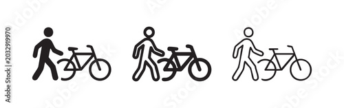 Foto Set of three person with bicycle icons in black and outline styles