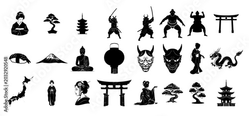 Quadro su tela Japanese culture icons set with samurai torii gate pagoda and geisha silhouettes