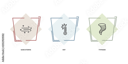 Foto weather icon set with sand storms, hot, typhoon signs in flat outline style