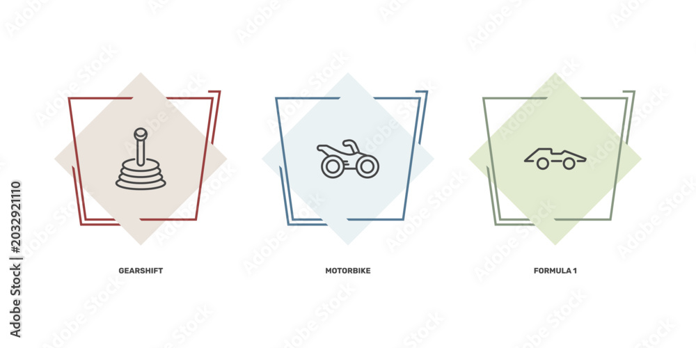 Obraz premium transportation icon set with gearshift, motorbike, formula 1 signs in flat outline style