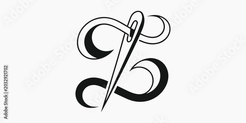 Foto Elegant sewing needle and thread silhouette black on white background