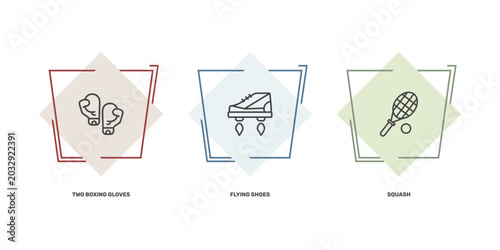 Foto sport and game icon set with two boxing gloves, flying shoes, squash signs in fl