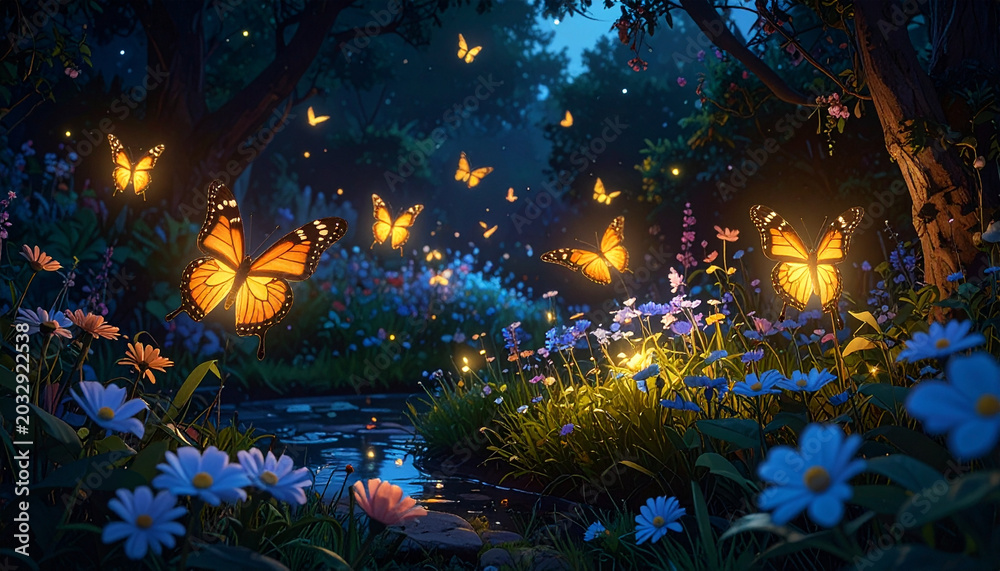 Fototapeta premium Glowing butterflies and flowers in a dark forest