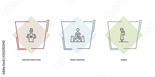Schilderij op canvas people and relation icon set with man with open lock, road crossing, takbir sign