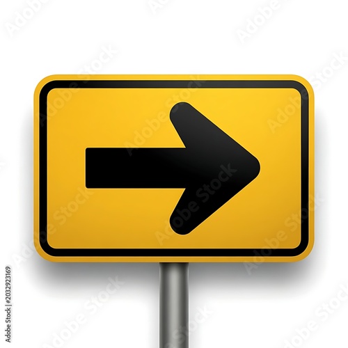 Bright yellow directional road sign with black arrow pointing to the right on clean white background