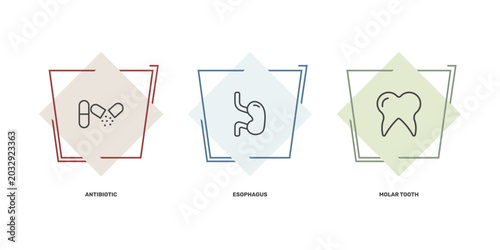Konstfotografi medical and healthcare icon set with antibiotic, esophagus, molar tooth signs in