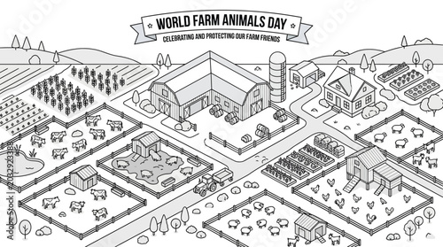 Isometric illustration of a farm with various animal enclosures and buildings.