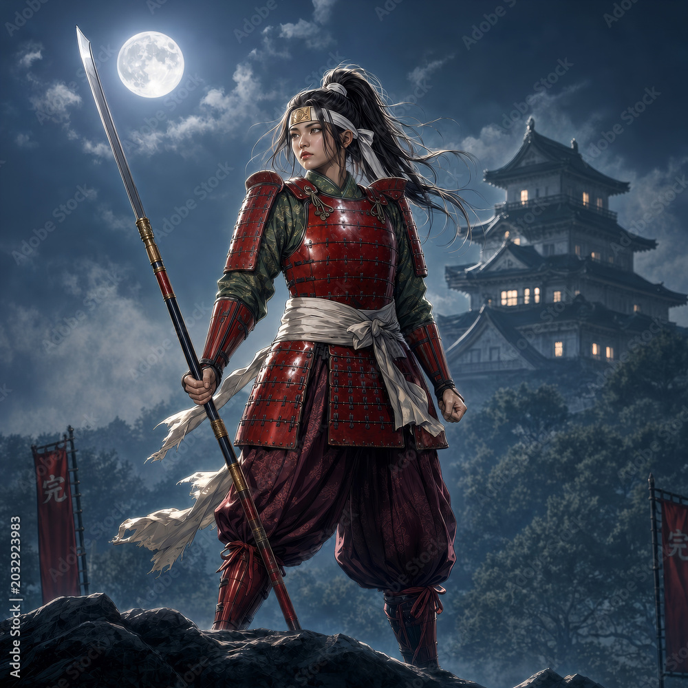 Obraz premium 赤い甲冑に身を包み、月夜の城を背景に長刀を構える美しい女武者 
