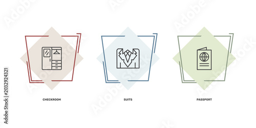 Canvas Print hotel and restaurant icon set with checkroom, suits, passport signs in flat outl