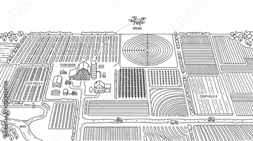 Canvas Print Detailed black and white line art illustration of a sprawling agricultural farm landscape