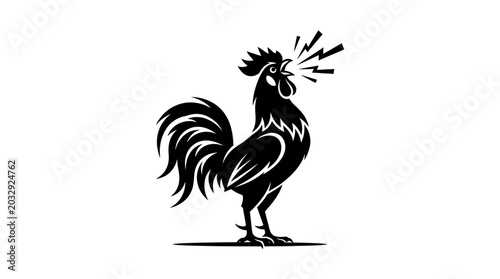 Bilde på lerret A bold black and white illustration of a crowing rooster standing tall