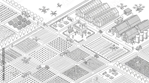 Isometric illustration of a modern smart farm featuring agricultural technology and automated systems.