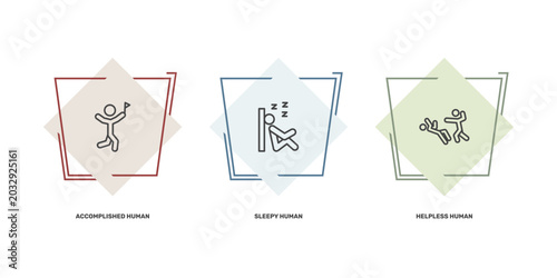 Bild auf Leinwand feeling and reaction icon set with accomplished human, sleepy human, helpless hu