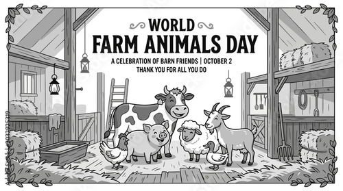 Canvastavla A group of friendly farm animals standing together in a barn setting