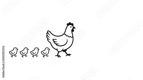 Quadro su tela A mother hen walking with four small chicks in a line.