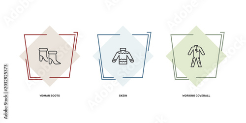 Quadro em tela fashion and things icon set with woman boots, skein, working coverall signs in f