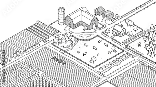 Bild auf Leinwand An isometric line art illustration of a rural farmstead with fields and livestock