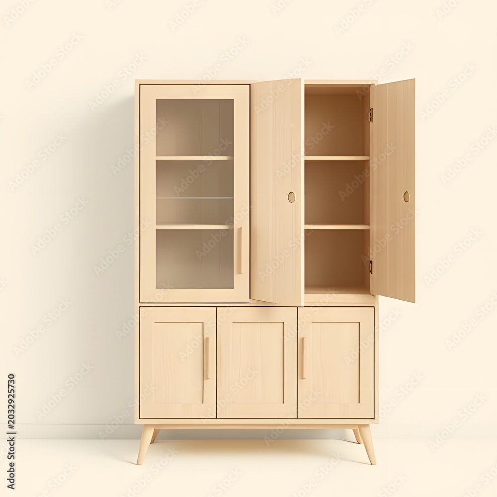 Fototapeta premium Elegant Light Natural Wood Storage Cabinet Featuring Glass Display Doors and Ample Shelving, Ideal for Contemporary Home Decor and Functional Organization