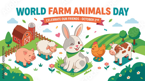 Konstfotografi A group of cute cartoon farm animals including a rabbit sheep pig chicken and cow