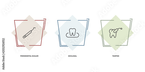 Foto dental health icon set with periodontal scaler, occlusal, tampon signs in flat o