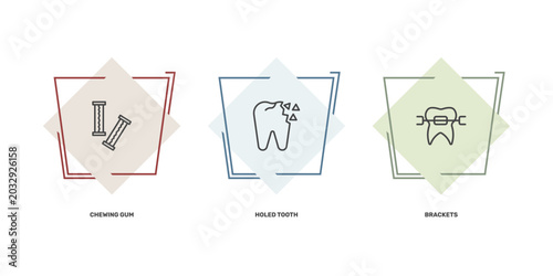 Tableau sur toile dental health icon set with chewing gum, holed tooth, brackets signs in flat out