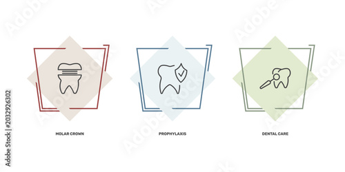 Photos dental health icon set with molar crown, prophylaxis, dental care signs in flat