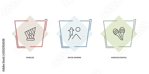Photography culture and civilization icon set with kankles, rio de janeiro, maracas couple s