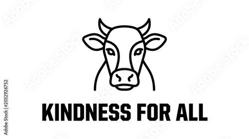 Minimalist line art illustration of a cow head with the text Kindness For All.