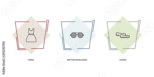 Slika na platnu clothes and outfit icon set with drees, shutter sunglasses, loafer signs in flat