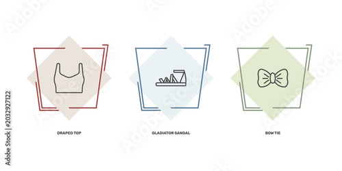 Konstfotografi clothes and outfit icon set with draped top, gladiator sandal, bow tie signs in