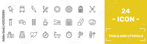 tools and utensils icon set with school push pin, clothes rack, ink pen, candies signs in flat outline style