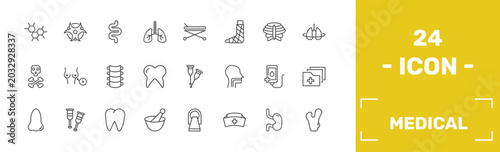 Photos medical icon set with three hexagons cell, biological warning, intestine, femur