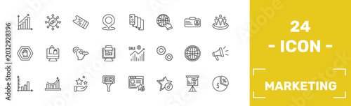 Fotografía marketing icon set with yield, viral, coupon, margin signs in flat outline style