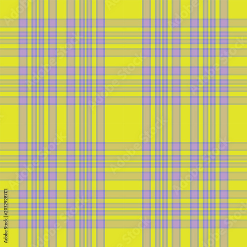Neon yellow tartan pattern with purple and cream abstract modern textile style