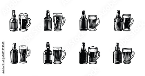 Beer Bottle and Mug Set in Engraving Style