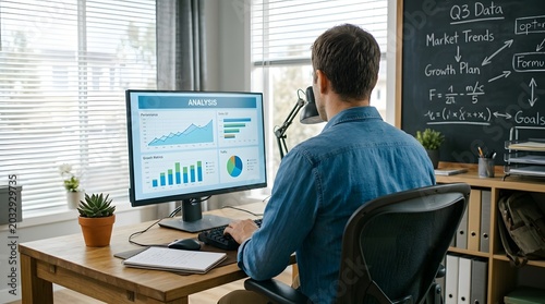 Data analyst working on market trends and growth plan charts on a computer monitor in a bright office setting